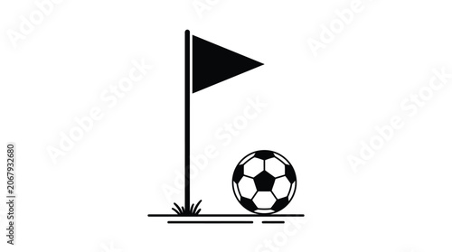 Soccer ball with corner flag black silhouette icon on white background, EPS vector illustration