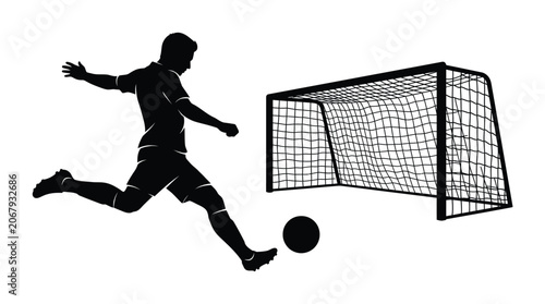 Soccer player kicking ball towards goal black silhouette isolated on solid white background, EPS vector illustration