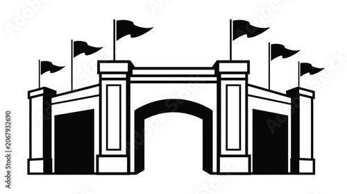 Stadium entrance gate with flags black silhouette isolated on white background, EPS vector illustration