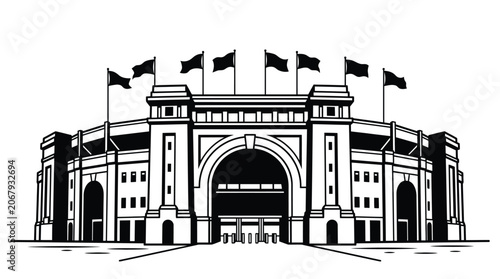 Stadium building with flags on poles above entrance isolated on white background, EPS vector illustration