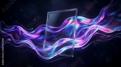 Abstract glass frame floating amidst vibrant flowing iridescent light waves on dark background