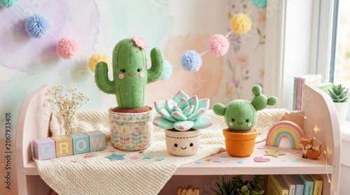 A cozy, colorful nursery with a pink shelf, stuffed cacti, and a rainbow-themed garland.