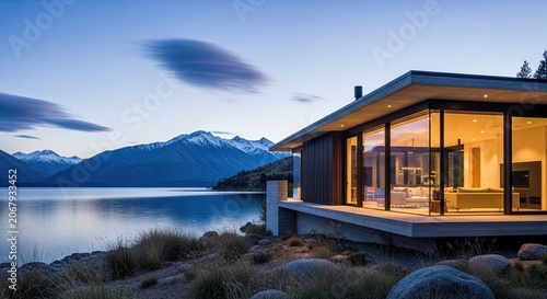 Modern waterfront home at twilight with mountain view.