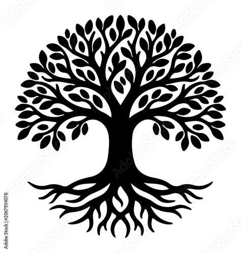Black silhouette of the Tree of Life a circular vector illustration symbolizing growth and connection isolated on a white background