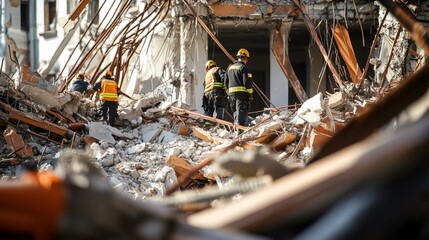 Rescue workers are searching for survivors in the rubble of a collapsed building after a devastating earthquake, highlighting the critical role of first responders in disaster relief efforts