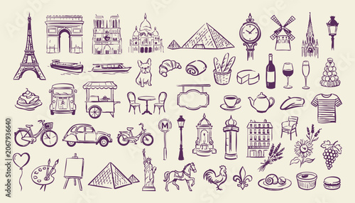 Hand drawn travel and Paris doodle vector illustration set with landmarks food and vacation icons collection