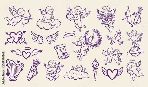 Hand drawn cupid and angel doodle vector illustration set with hearts wings and romantic Valentine elements