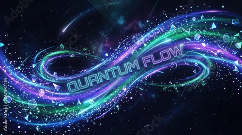 Abstract quantum flow design with neon lights and geometric shapes on a dark background