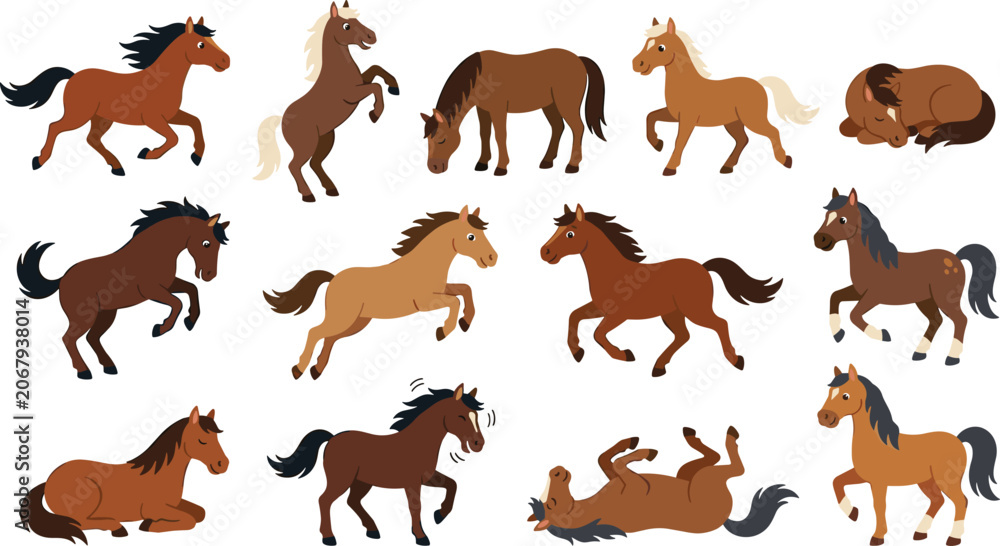 Fototapeta premium Cute Horse and Pony Cartoon Character Vector Illustration Set with Various Breeds and Poses Including Running, Jumping, Grazing, and Sleeping for Wildlife Designs