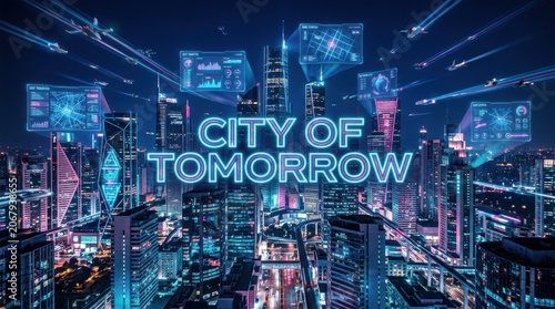 Futuristic cityscape at night with holographic displays and flying vehicles concept