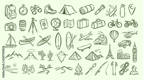 Hand drawn travel icons set, green sketch adventure elements vector, outdoor camping and tourism doodle collection for vacation planning