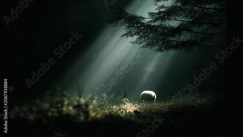 Jesus and the lost sheep in the forest during the morning light