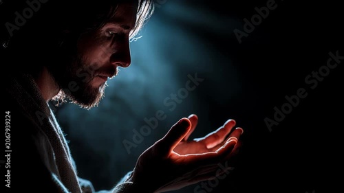 Jesus shares a message in a dark room with light shining on his outstretched hand
