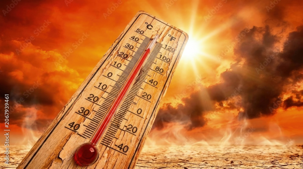 Fototapeta premium Scorching heatwave, global warming, wooden thermometer showing extreme warmth, intense sun, arid cracked land, climate emergency, severe drought