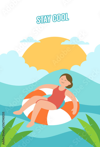 Young Woman Relaxing on Swim Tube in Ocean During Summer Vacation, Beach Leisure, Holiday Lifestyle and Stay Cool Flat Vector Design