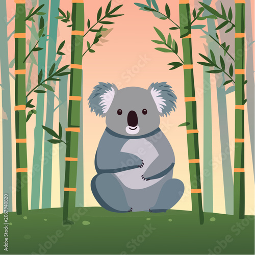 Koala debout parmi des bambous colorés au coucher du soleil