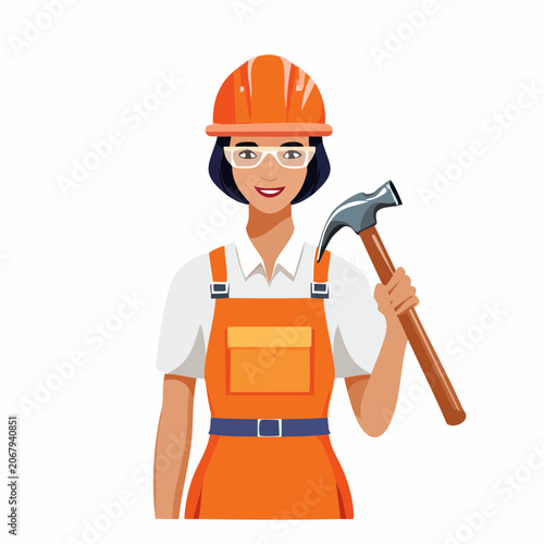Femme ouvrière du bâtiment avec casque orange et marteau en illustration