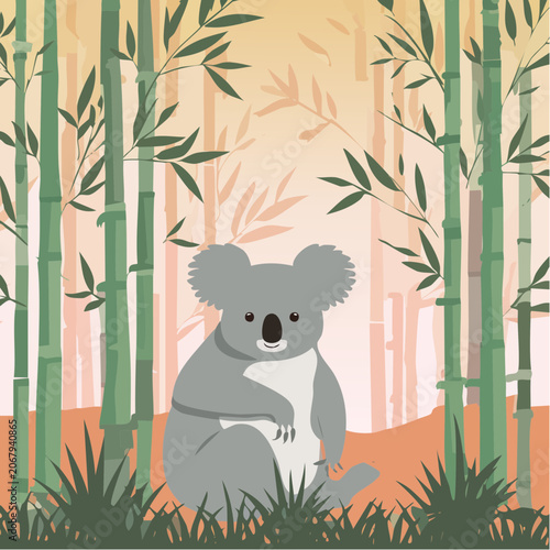 Koala debout parmi des bambous colorés au coucher du soleil