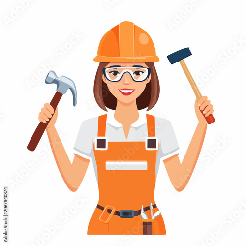 Femme ouvrière du bâtiment avec casque orange et marteau en illustration