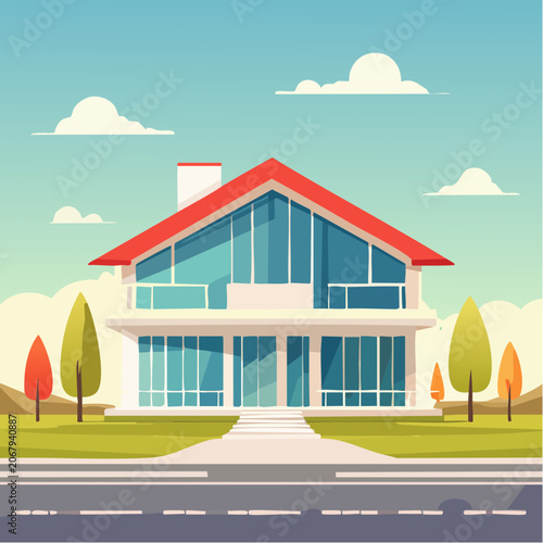 Maison moderne au toit triangulaire avec façade blanche et toit orange