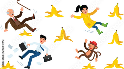 Photography Slipping on Banana Peel Vector Set Featuring Cartoon Characters Elderly Man Busi