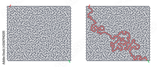 Hexagon maze for adults, medium difficulty printable logic game, find the way from start to exit, black and white line art, activity worksheet page with solution