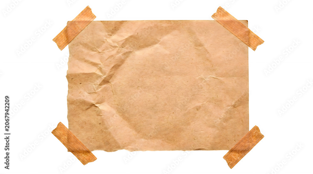 Fototapeta premium Vintage crumpled brown paper sheet with adhesive tape, rustic textured kraft paper note on white background, antique scrapbooking paper element