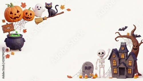 Cute Halloween Elements Composition with Haunted House, Pumpkins, Ghost, and Black Cat on White Background