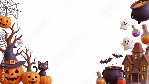 Halloween background with pumpkins, witch hat, haunted house, ghosts, potion bottles, and cute black cat on white background.