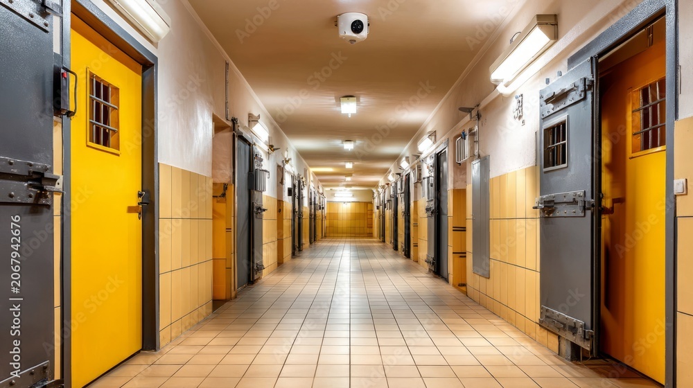 Obraz premium Bright Yellow Doors in a Long Corridor of Prison Cells