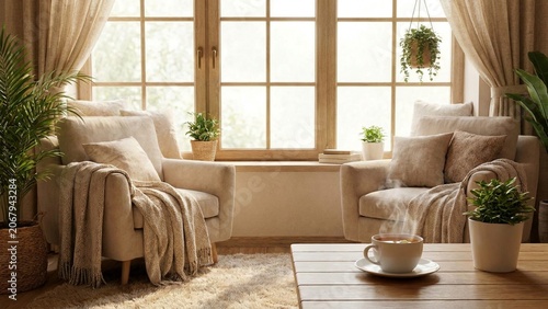 Cozy Living Room Interior with Two Armchairs by a Sunny Window and Steaming Cup of Coffee