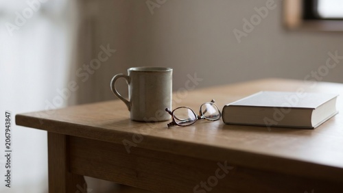 Relaxing Reading Time with Coffee and Glasses on a Wooden Table