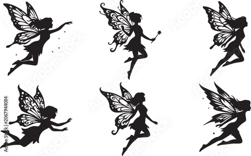 Obraz na plátně Beautiful magical fairy silhouettes collection with butterfly wings and wands ve