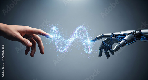 Human Hand and Robotic Hand Reaching Toward Glowing Energy Wave on Transparent Background
