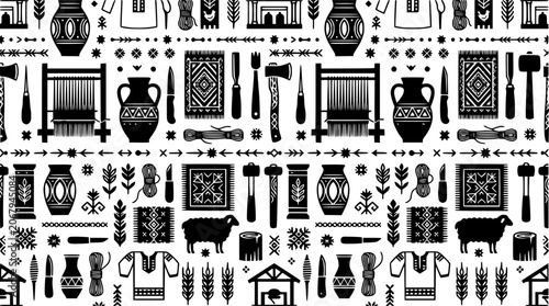 Valokuva Pattern design with traditional pottery and artisan tools