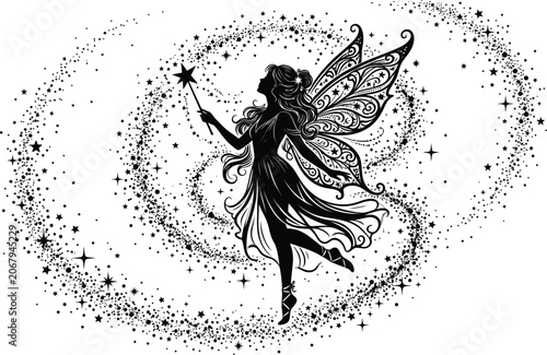 Tableau sur toile Silhouette of a magical fairy holding a wand surrounded by star dust trail, fant