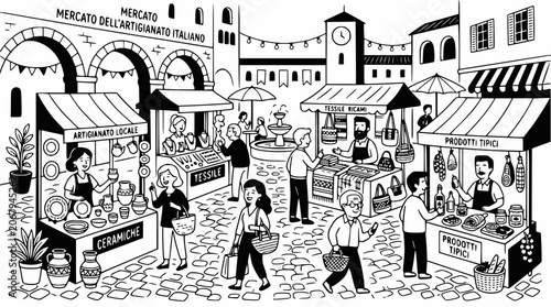 Tableau sur toile Artisan market scene with vendors and shoppers in Italy.