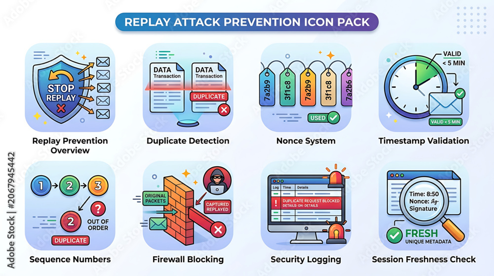 Naklejka premium Cybersecurity Replay Attack Prevention Icon Set for Network Security and Data Protection