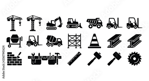 Foto Construction Equipment And Tools Vector Silhouettes On White Background