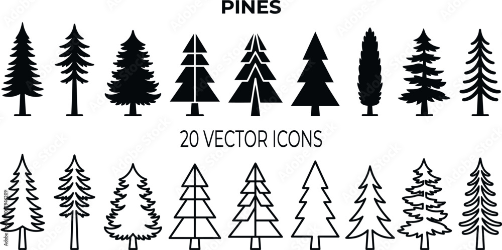 Obraz premium Pine Tree Vector Icons Collection On White Background