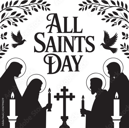 Black and white of all saints' day with saints and crosses religious symbols de