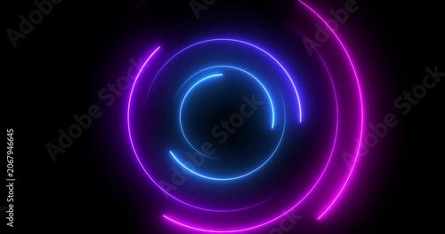 Abstract glowing neon light circle of blue and pink color, loading icon animation background. Abstract geometric neon background. Round frames, rings, circles, glowing lines appear