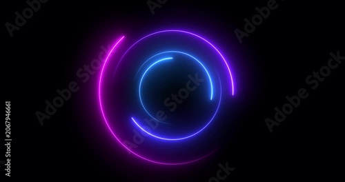 Abstract glowing neon light circle of blue and pink color, loading icon animation background. Abstract geometric neon background. Round frames, rings, circles, glowing lines appear