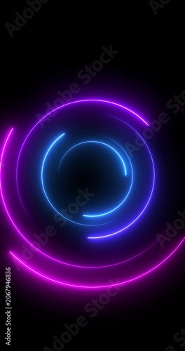 Abstract glowing neon light circle of blue and pink color, loading icon animation background. Abstract geometric neon background. Round frames, rings, circles, glowing lines appear