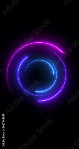 Abstract glowing neon light circle of blue and pink color, loading icon animation background. Abstract geometric neon background. Round frames, rings, circles, glowing lines appear