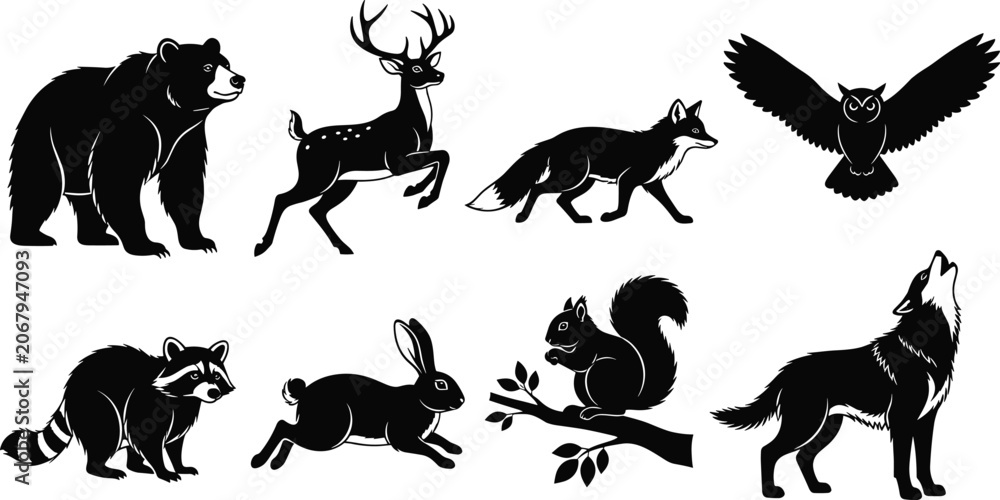 Obraz premium Collection of woodland animal silhouettes featuring bear deer fox owl raccoon rabbit squirrel and wolf vector illustration
