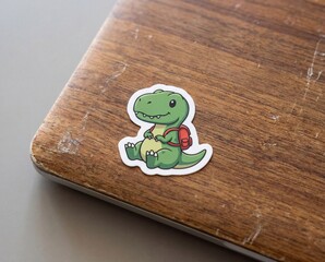 A close up photograph featuring a charming green pixel art dinosaur sticker attached to a wooden laptop lid surface with a smooth finish and visible wood grain texture.