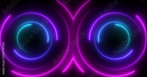 Abstract glowing neon light circle of blue and pink color, loading icon animation background. Abstract geometric neon background. Round frames, rings, circles, glowing lines appear