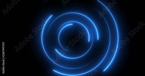 Abstract glowing neon light circle of blue color, loading icon animation background. Abstract geometric neon background. Round frames, rings, circles, glowing lines appear