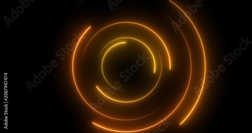Abstract glowing neon light circle of yellow color, loading icon animation background. Abstract geometric neon background. Round frames, rings, circles, glowing lines appear